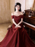Wine Red A-line Satin Off Shoulder Party Dress, Satin Floor Length Evening Dress
